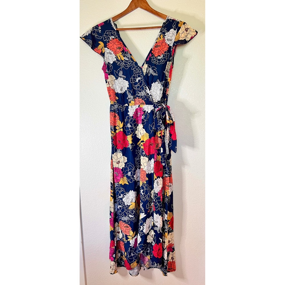 Band of the Free Floral Faux Wrap Midi Dress Navy Pink Cottagecore Boho Size S